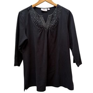 Quacker Factory Womens Black Embellished 3/4 Sleeve  Tunic Top Size L